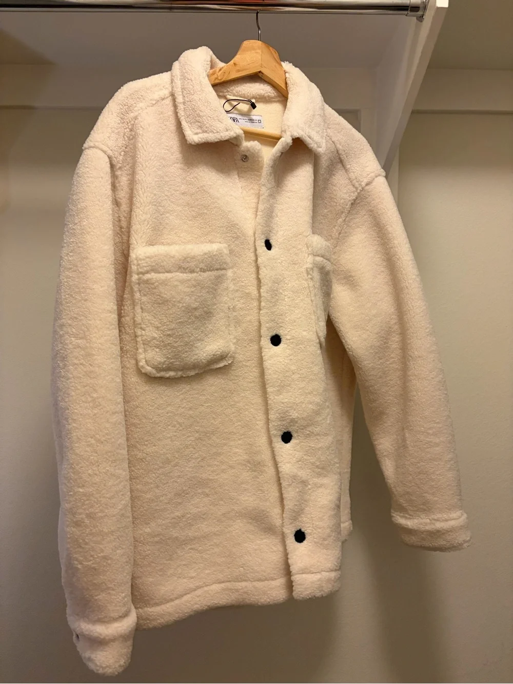Zara Double Pocket Cream Sherpa Shirt Jacket
